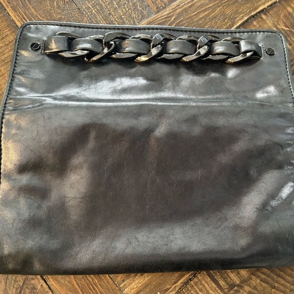 Michael Kors Leather Clutch, Grey Metallic, Gunmetal Chain Hardware - Picture 9 of 16
